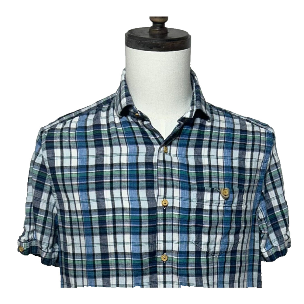 Baird McNutt Shirt Mens Medium Blue Green Plaid Murano Linen Short Sleeve